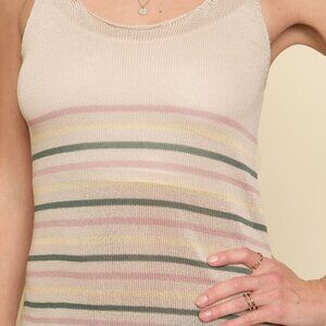MYSTREE Striped Knit Tank Top, Beige Pastel Sleeveless Sweater Vest, Boho Chic